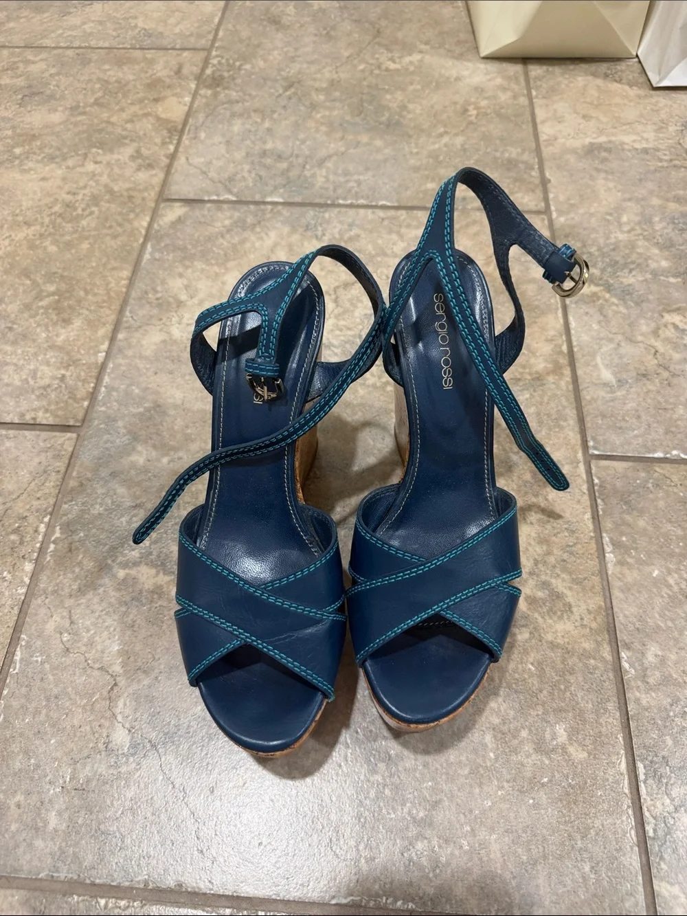 Sergio Rossi Teal-Trim blue Leather Wedge Sandals size 38